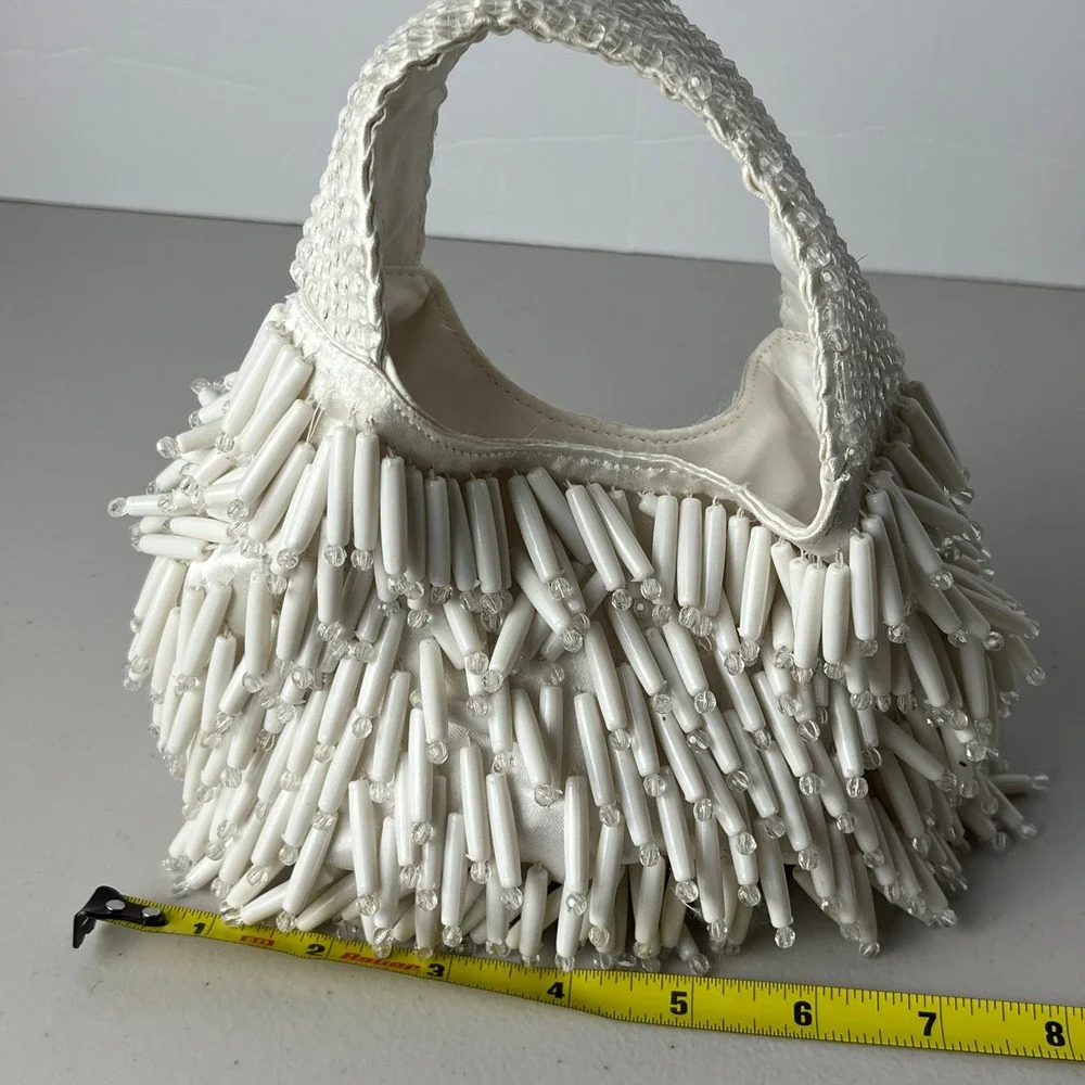Beaded Fringe Handbag Ivory Mini Top Handle Evening Statement Bag - Picture 6 of 6